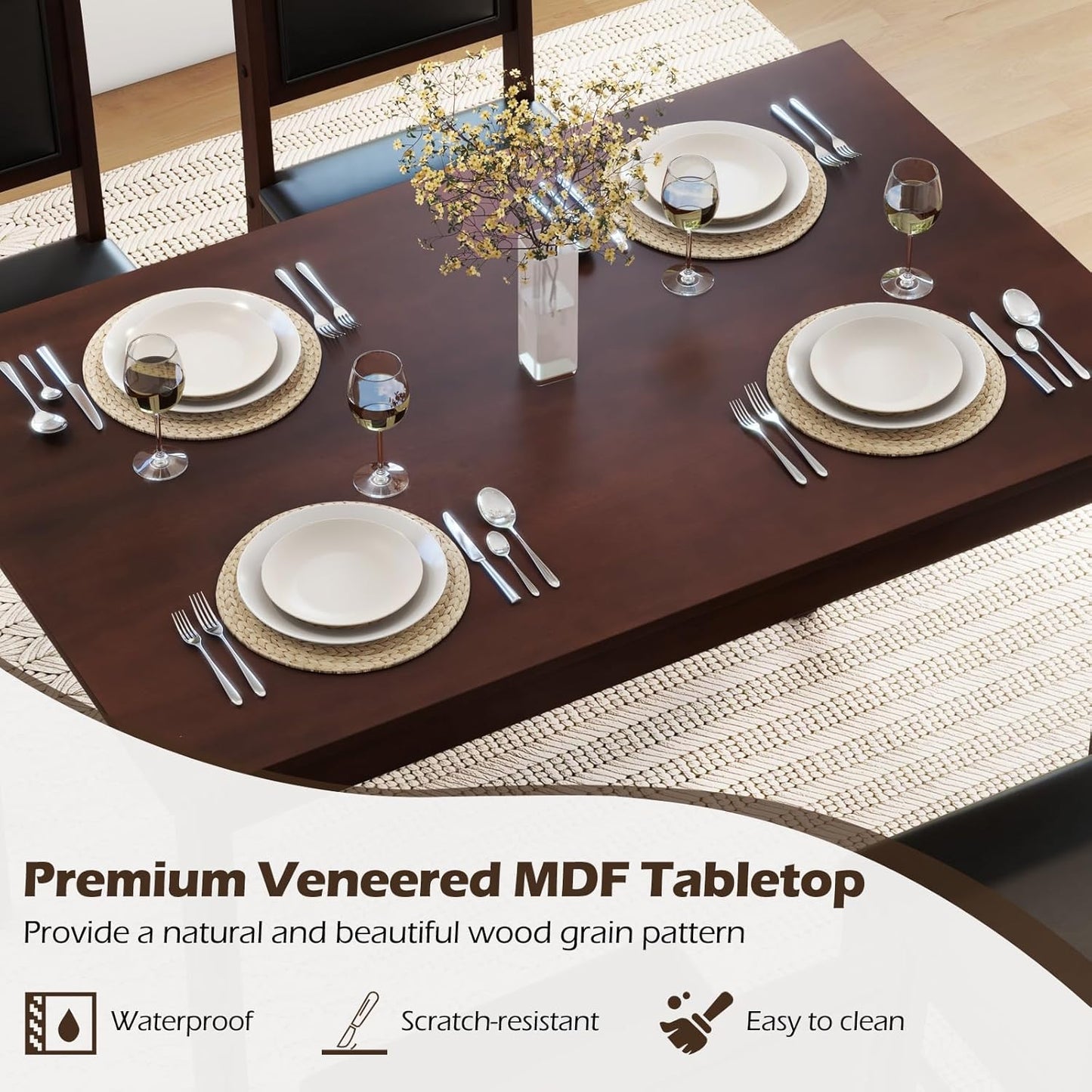 Giantex 5-Piece Dining Table Set for 4 - Breakfast Nook Table Set with Kitchen Table, 4 Upholstered Chairs, Wood Legs, Space-Saving Dinette Set, Kitchen Table Chairs Set of 4 (Cherry Brown)