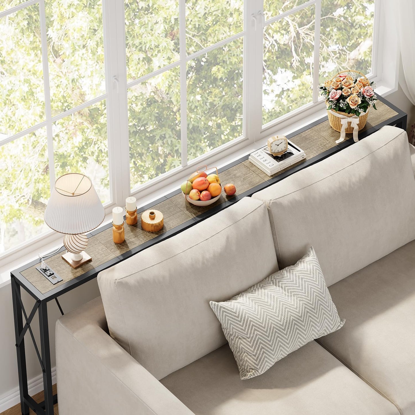 70" Sofa Tables Narrow Long, Behind Couch Table with Oulets & USB Ports, Industrial Long Skinny Stand for Entryway,Hallway, Living Room, Bedroom 7.9" D x 70" W x 24.8" H