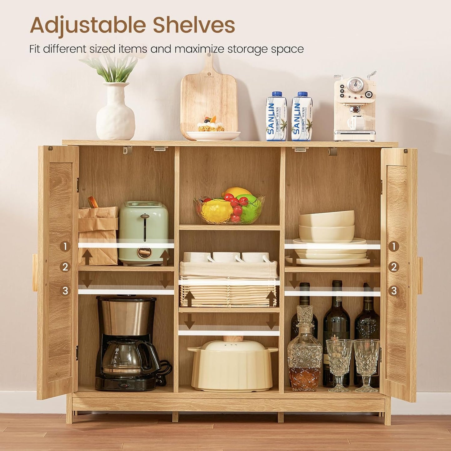 Iwell Rattan Storage Cabinet with 4 Adjustable Shelves, Coffee Bar Cabinet, Sideboard Buffet for Kitchen, Living Room, Entryway, Natural