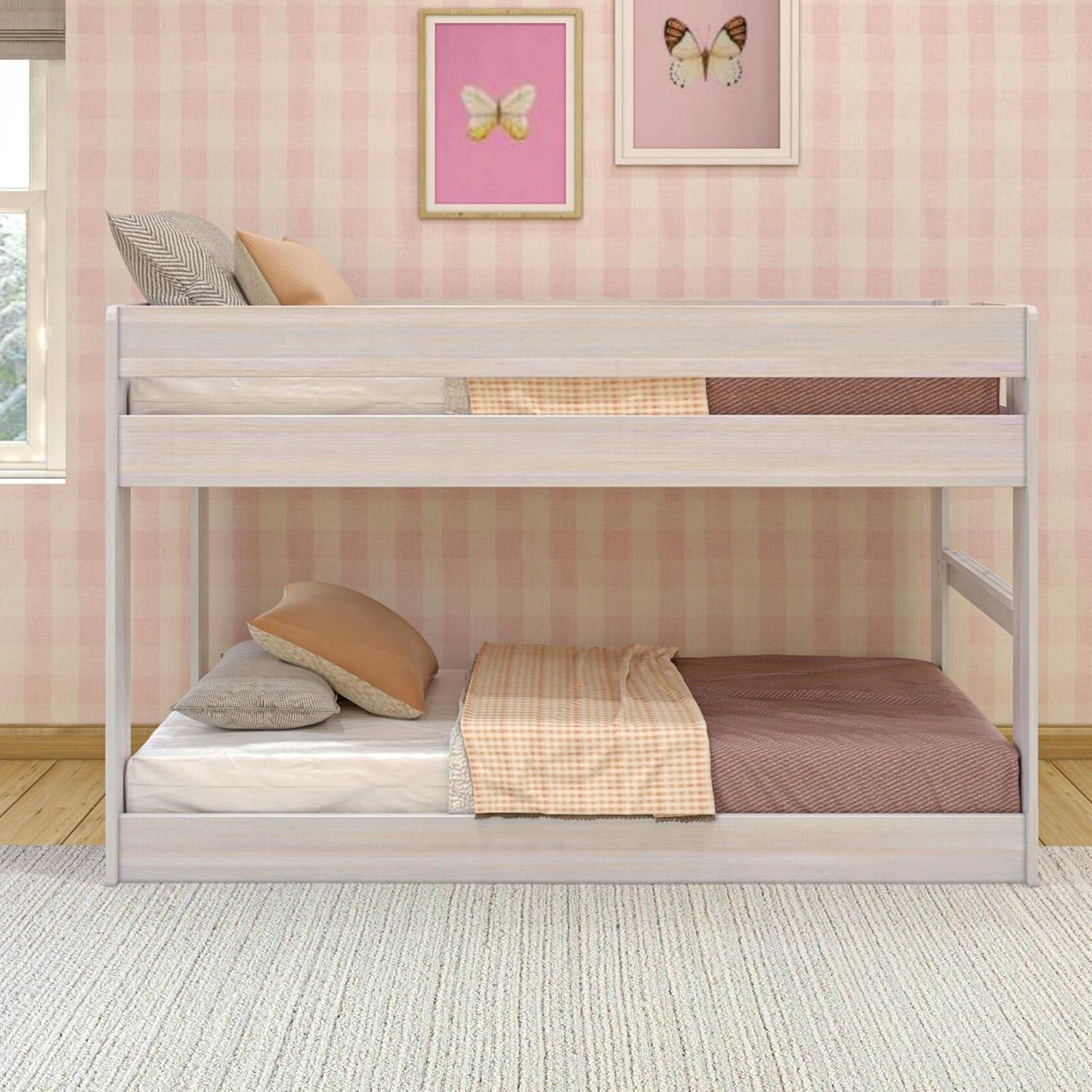 Max & Lily Modern Farmhouse Low Bunk Bed, Twin-Over-Twin Bed Frame For Kids, White Wash