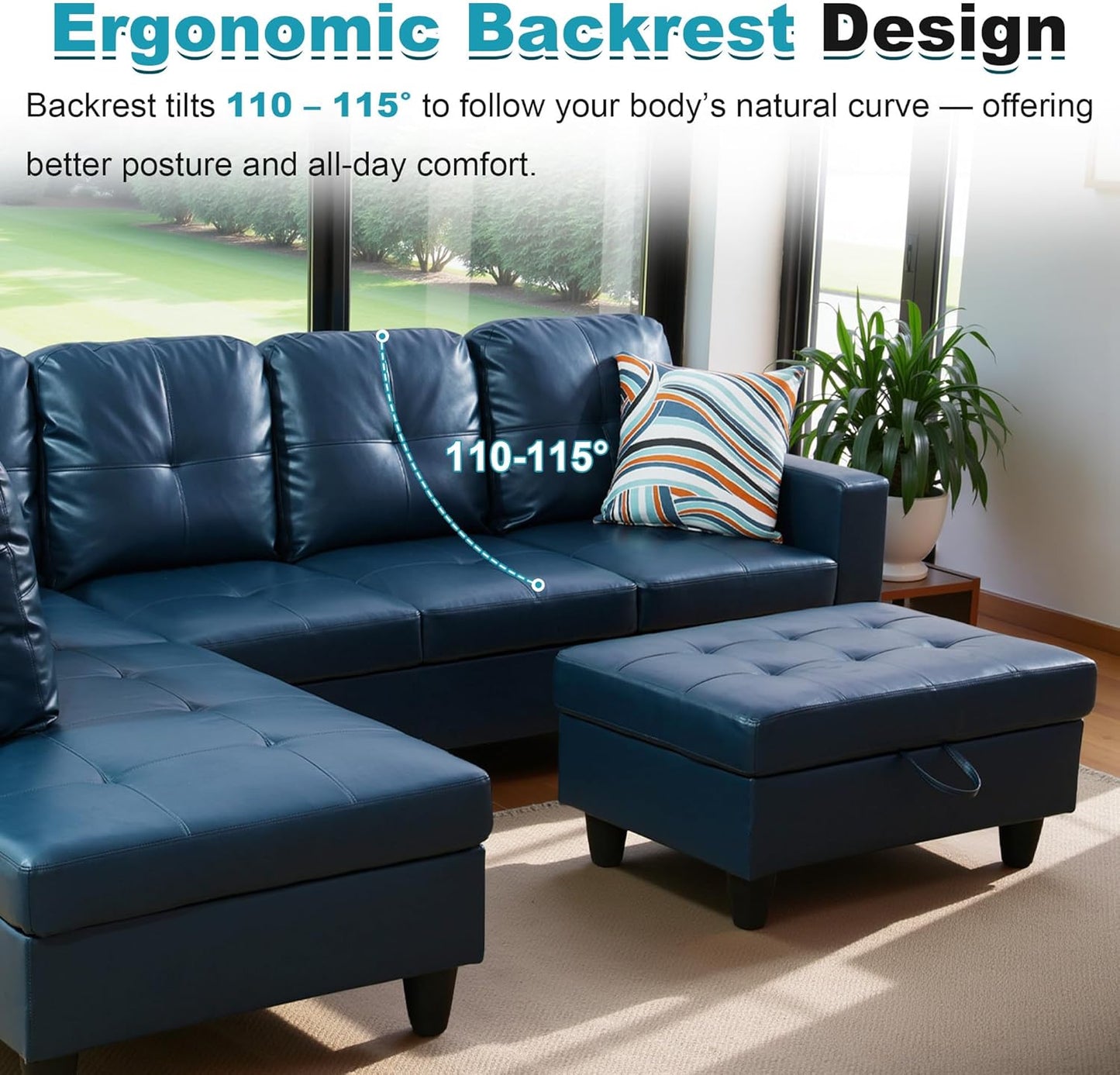 103.5" Oversized Sectional Couch, L Shaped Couch with Storage Ottoman, Modern Modular Sofa with Deep Seat, Sectional Couches for Living Room and Office, Peacock Blue (PU Leather)