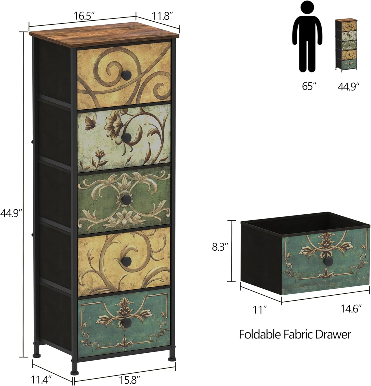 Tohomeor Small Dresser for Bedroom with Retro Flower Narrow Drawers Slim Chest of Drawers Skinny Nightstand Sofa End Table for Living Room Entryway Closet Storage (Multi, 5 Drawers)