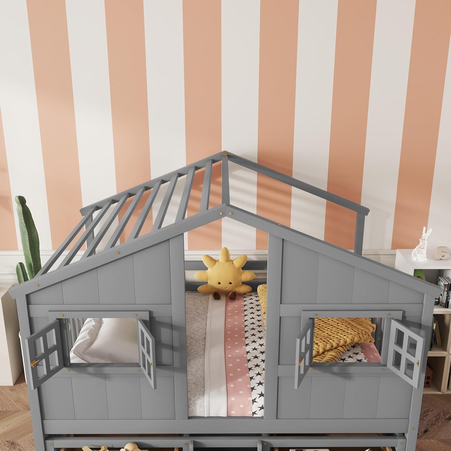 KEIKI Full Size Wooden House-Shaped Loft Bed with Roof, Windows, 4 Storage Drawers, Guardrail, Ladder, for Boys and Girls, Loft Bed with Slats, Easy Assembly, No Box Spring Required, for Bedroom, Grey