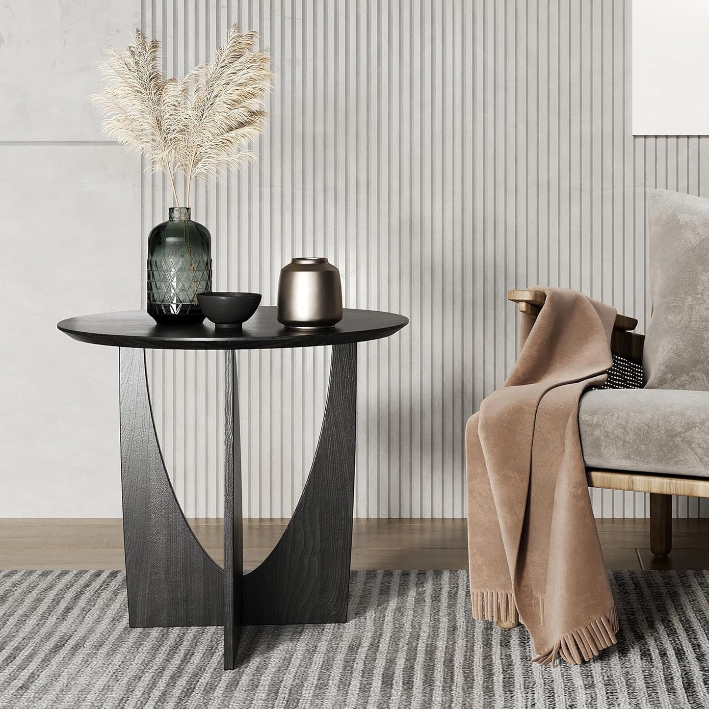 Round Side Table,Modern Aesthetic End Table with Oak Veneer,Wood Accent Table for Living Room, Bedroom (A, Black)