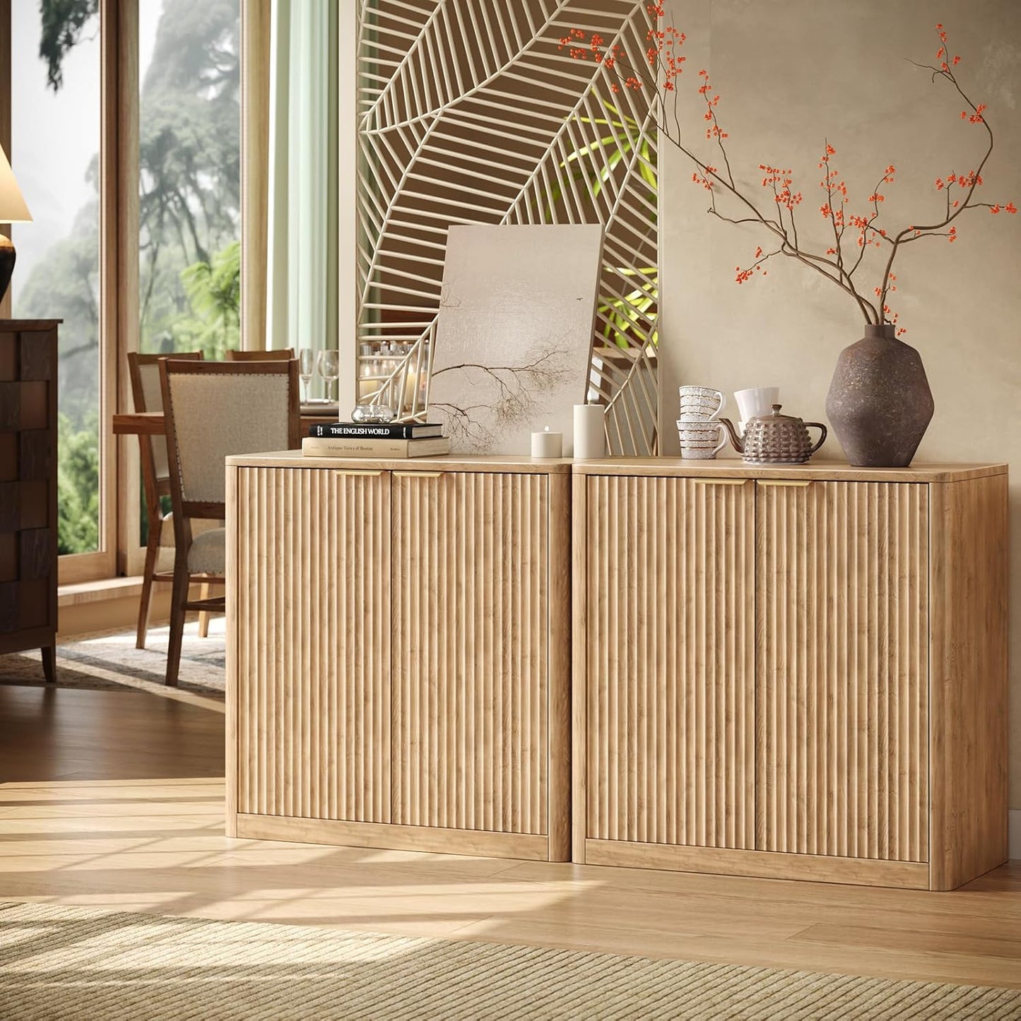 63" Oak Buffet Cabinet with Storage, Large Fluted Sideboard with Adjustable Shelves, Accent Credenza for Living Room, Entryway, Dining Room, Kitchen, Coffee Bar Table with Doors