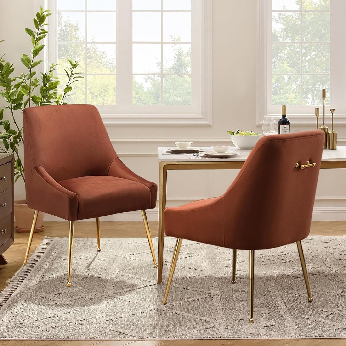 Velvet Dining Chairs Set of 2, Furniture Collection Modern Contemporary Upholstered with Polished Gold Metal Legs(Brown, Set of 2)