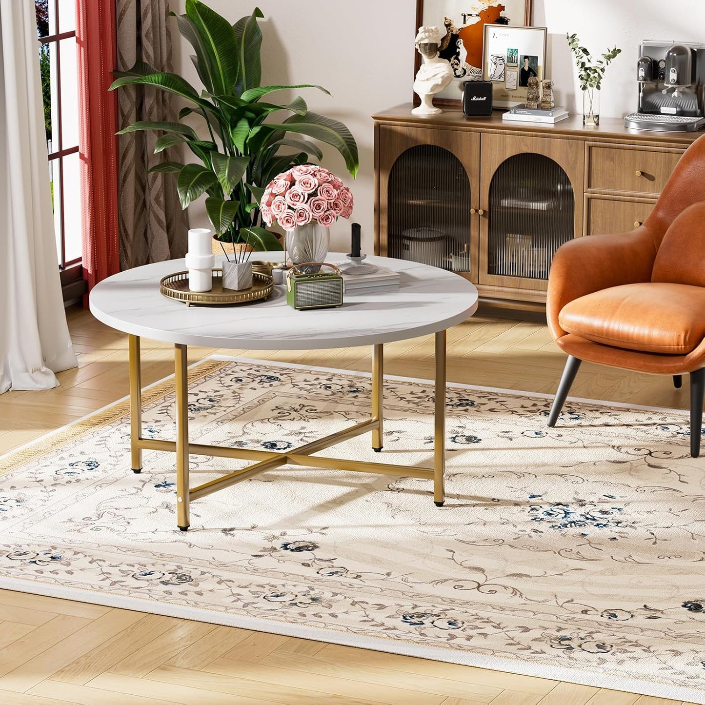 Round Coffee Table, 31.5" Circle Coffee Table, Coffee Tables Living Room, Gold Coffee Table Round for Indoor & Outdoor Use, Office, Patio or Garden, Large White & Gold (31.5" D x 17.7" H)