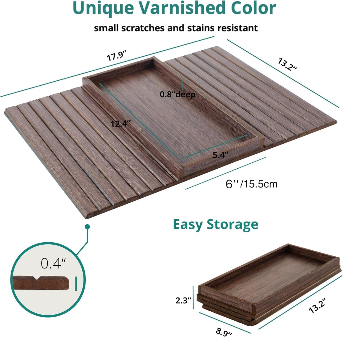 DETOR Couch Arm Tray, TV Tray with Capacious 12.4" x 5.4" Storage Box, Bamboo Grain Stained Brown Color, Enhanced Nonslip Felt Bottom, Sturdy Bamboo Slats Material | for Armrests 6" and Wider