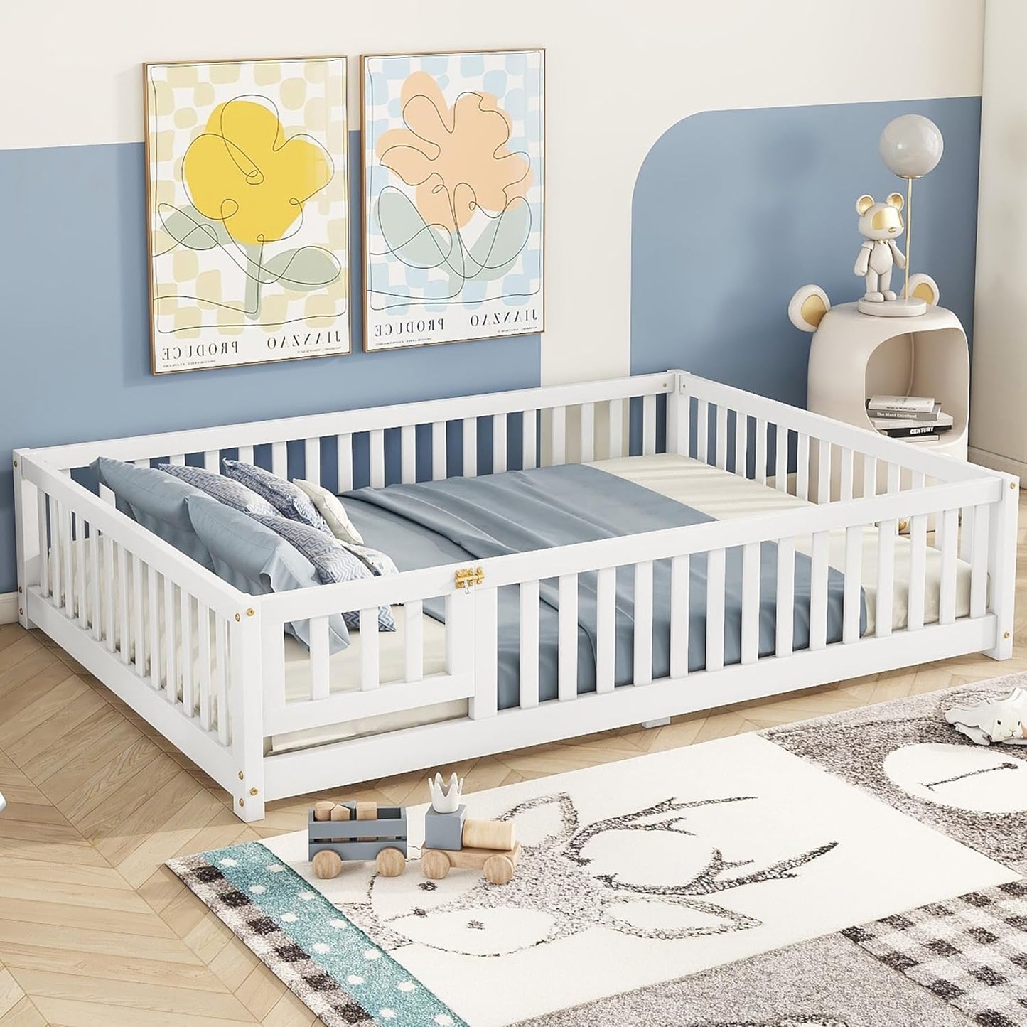 Bellemave Full Floor Bed with Slats and Safety Guardrails, Kids Montessori Floor Beds with Fence and Door, Easy Assemble Floor Bed for Kids, Girls, Boys, White
