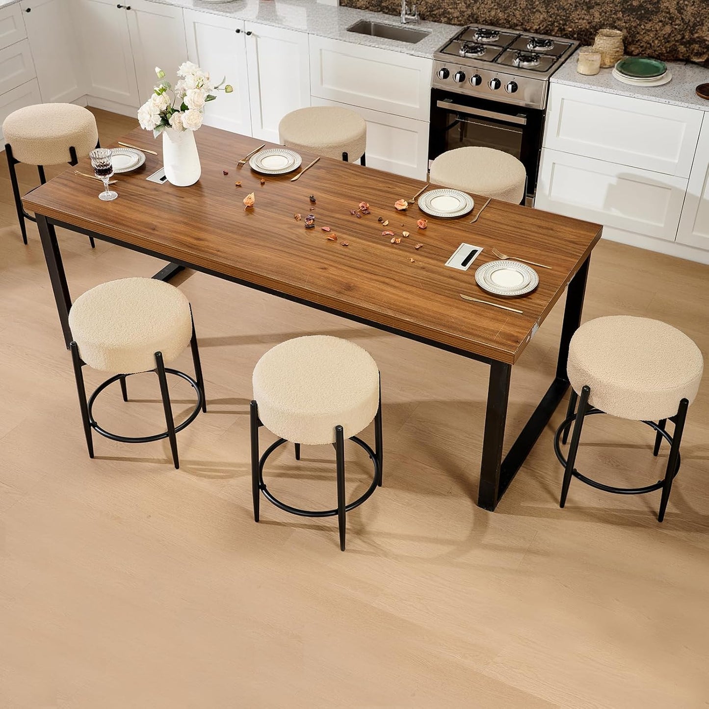 Dining Room Chairs Set of 6, 23.6" Sherpa Backless Beige Boucle Dining Chair with Black Metal Legs, Mid Century Modern Living Room Round Upholstered Chairs