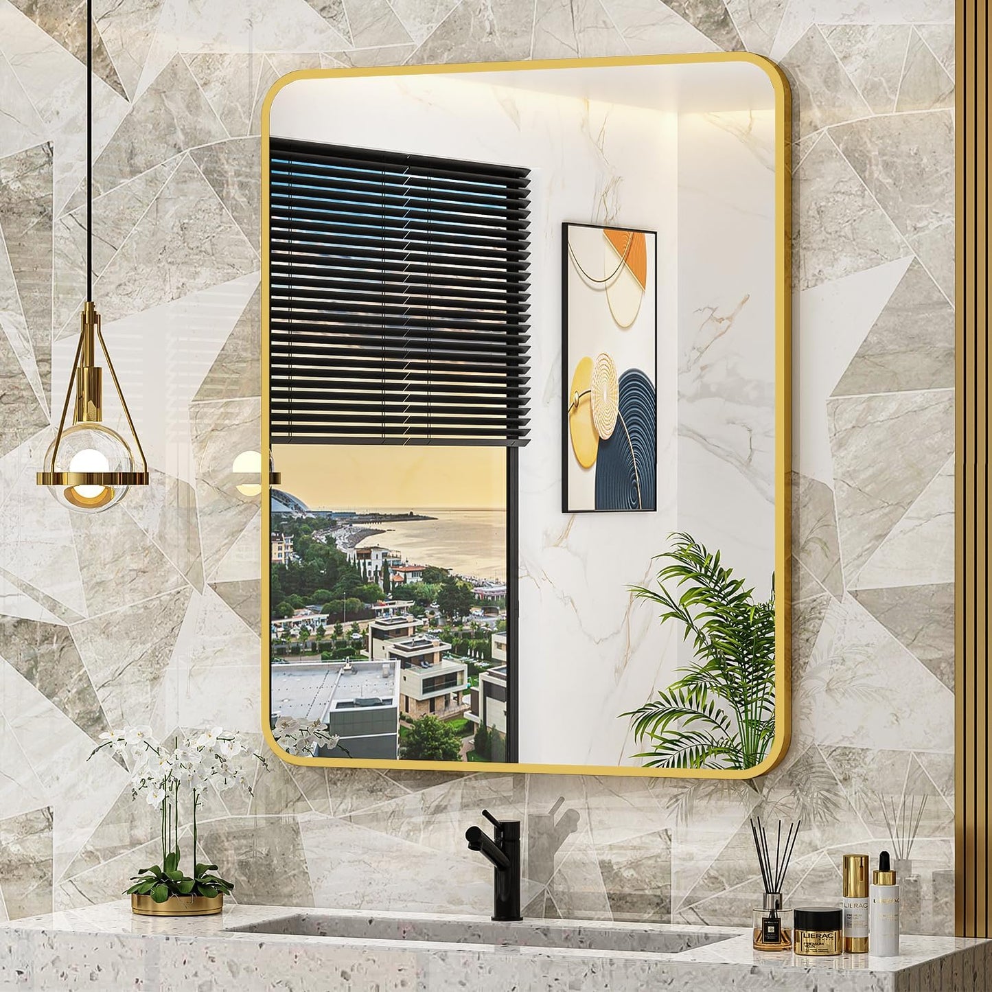 24x30 Inch Bathroom Medicine Cabinet with Mirror Gold Metal Framed Recessed or Surface Wall Mounted Mirrored Medicine Cabinets for Bathroom