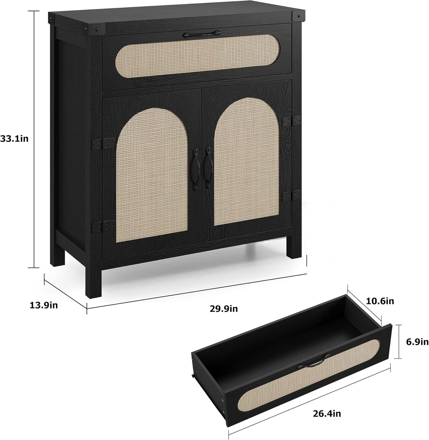 Garvee 29.9'' Small Rattan Buffet Cabinet with Storage, Kitchen Coffee Bar Cabinet with Doors and Drawer, Boho Farmhouse Sideboard with Adjustable Shelves and Handle for Living Room, Black