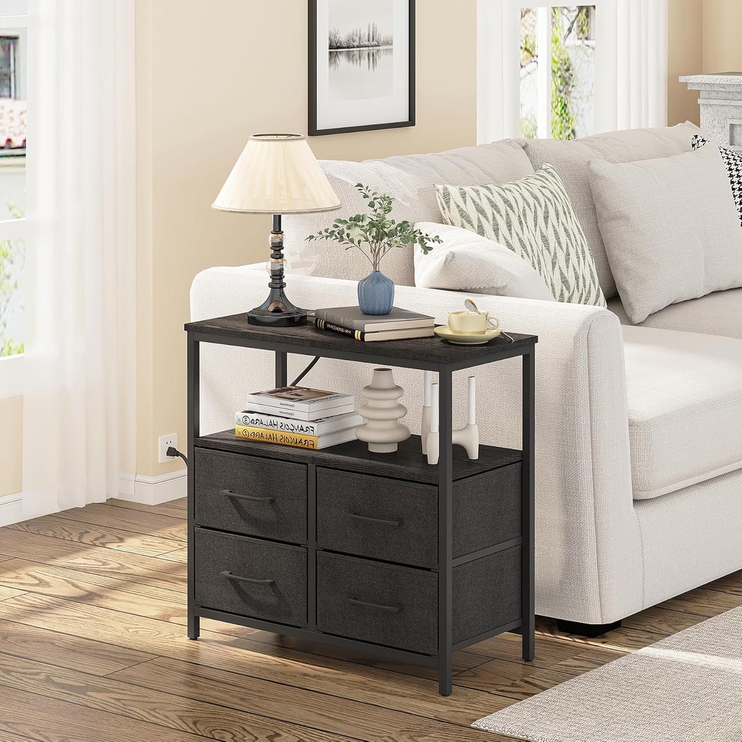 TUTOTAK Large Night Stand with Charging Station, Nightstand with USB and Type-C Port, Bedside Table with Cloth Drawers, End Table for Livingroom, Bedroom, Black TB01BK081