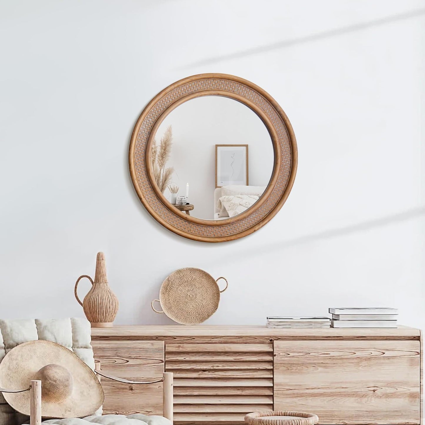 Micasso Round Rattan Wall Mirror: 30" Purely Handmade Wooden Frame Wicker Mirror - Rustic Shabby Chic Boho Bamboo Mirrors for Farmhouse/Bathroom/Bedroom/Living Room/Entryway/Home Decor