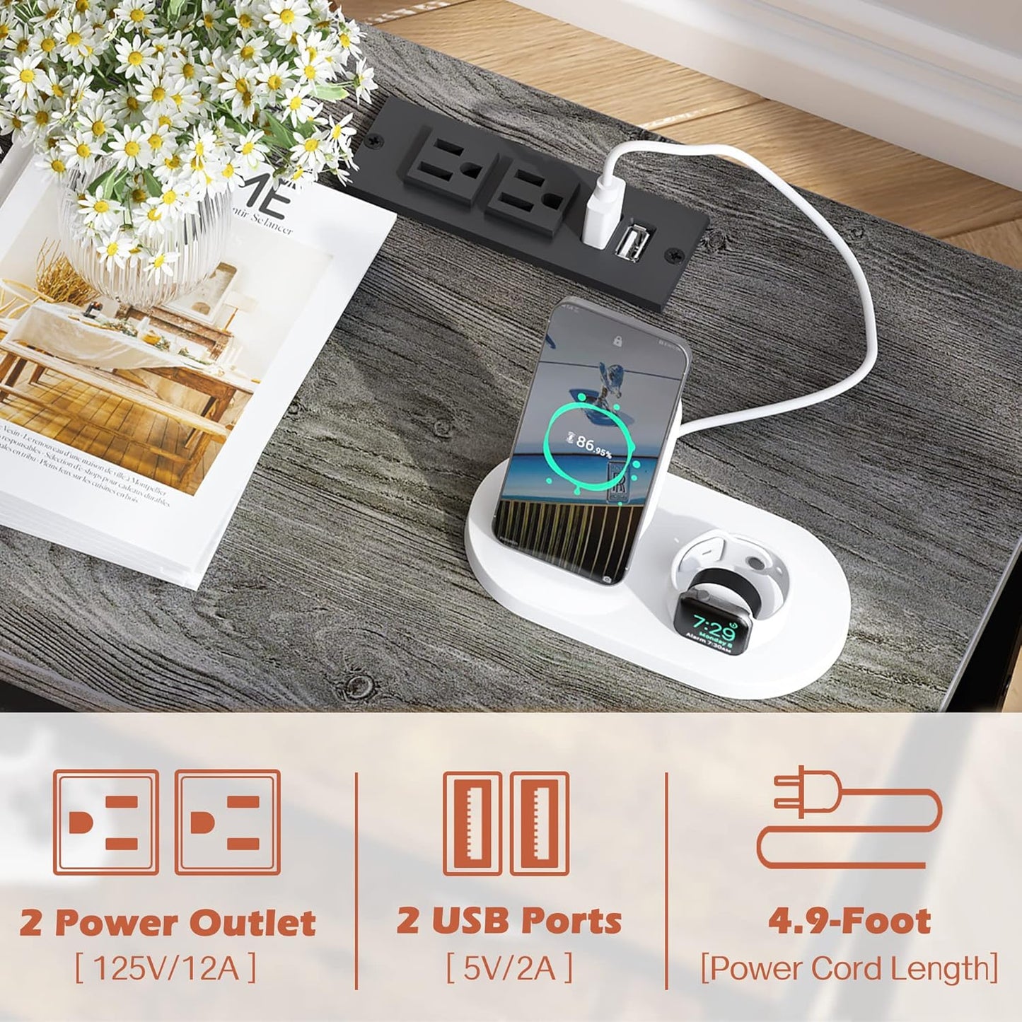 SUPERJARE Nightstand Set of 2, Bed Side Tables with Charging Station, Adjustable Fabric Drawer, Night Stand for Bedroom, 3-Tier Storage End Tables, for Living Room - Charcoal Gray