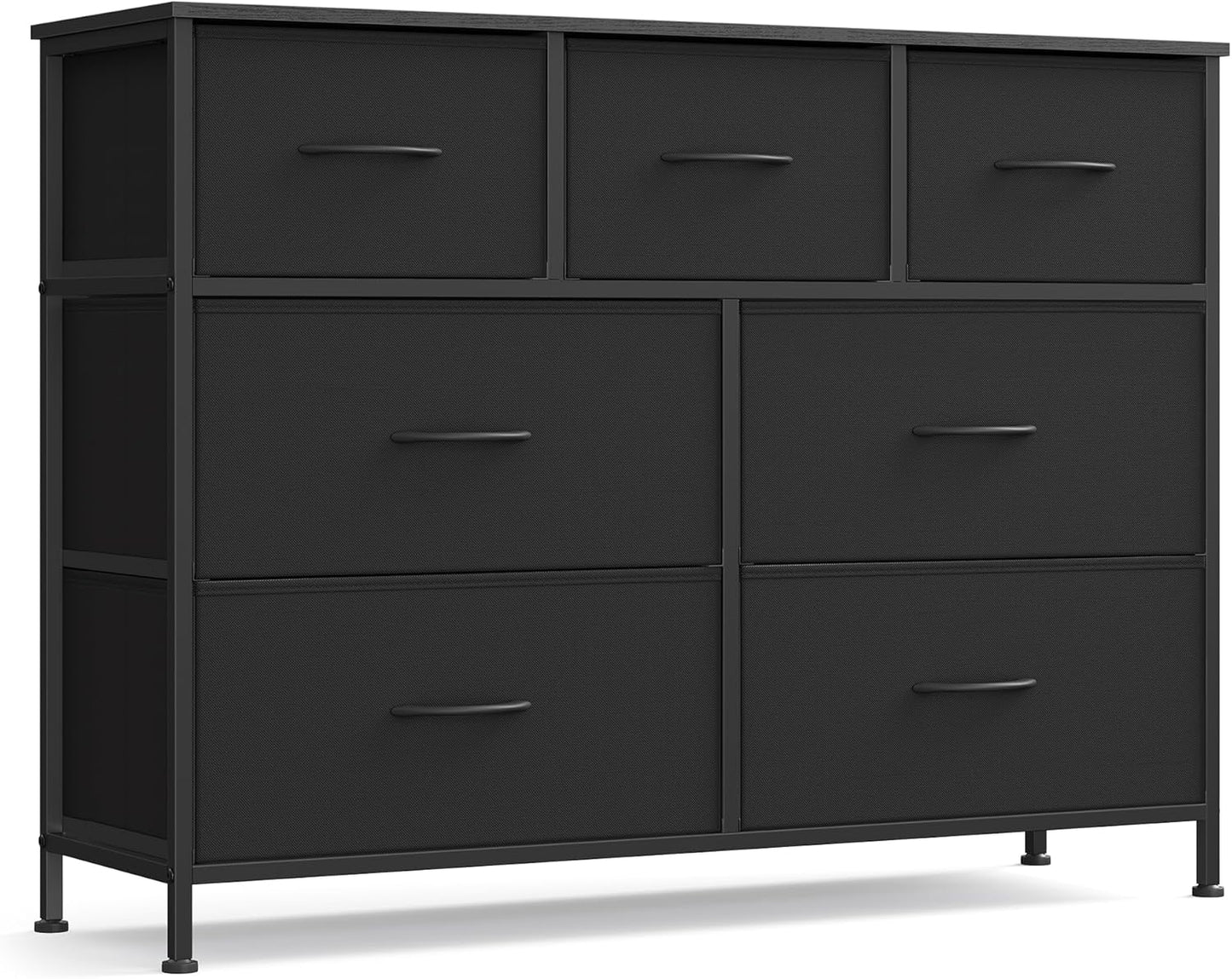 SONGMICS Dresser for Bedroom, Chest of Drawers, TV Stand, Steel, MDF, 7 Non-Woven Fabric Drawers, Storage Organizer Unit, Closet, Entryway, Ink Black and Ebony Black ULGS323B01S