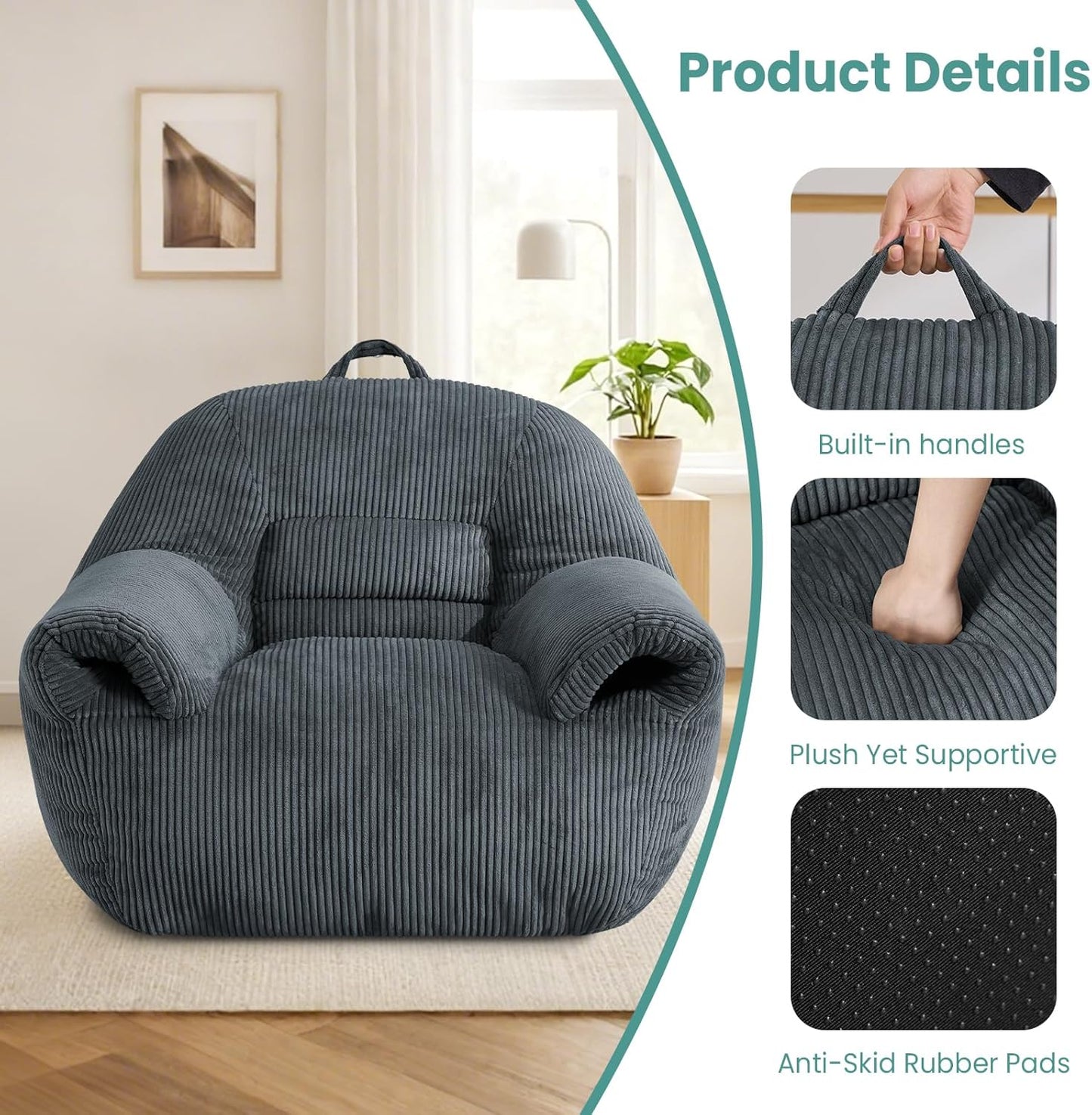 DAICO Bean Bag Chairs for Adults, Giant Bean Bag Chair Comfy Bean Bag Sofa with Handle Corduroy Single Lazy Floor Sofas Accent Chair with Foam for Bedroom Living Room Reading Gaming Grey