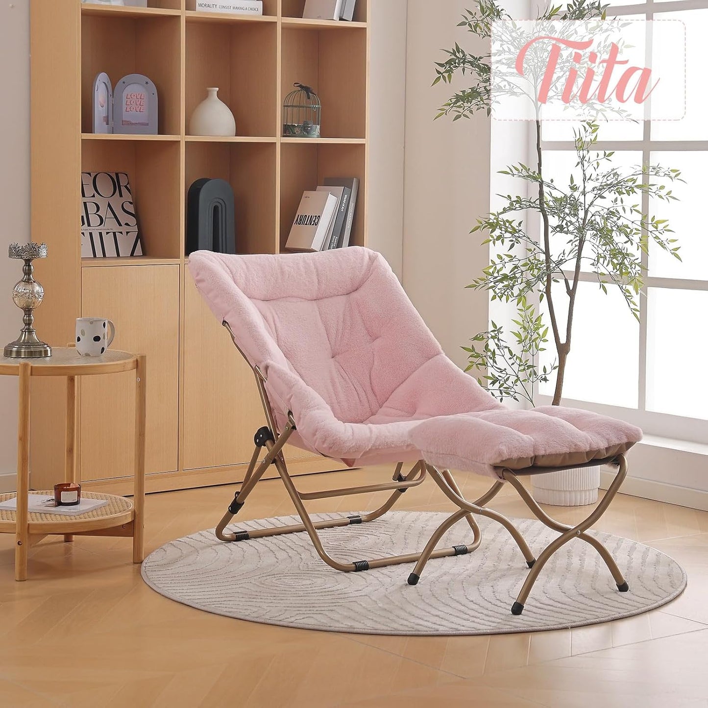 Tiita Folded Chair with Ottoman, Soft Faux Fur Oversized Folding Accent Chair,Lounge Lazy Chair, Metal Frame Moon Chair for Bedroom, Living Room, Dorm Rooms, Garden and Courtyard