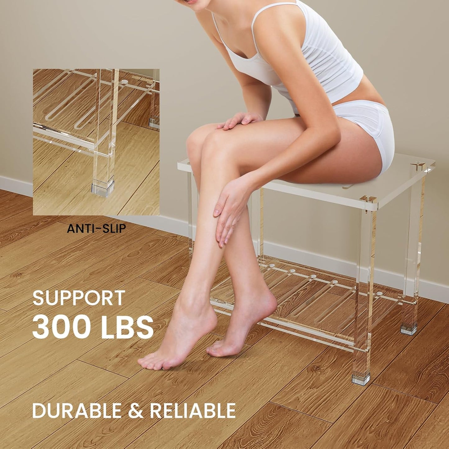 Acrylic Shower Bench for Inside Shower 13.98" D X 21.26" W X 18.31" H, Heavy Duty (Hold Up to 300lbs) Bathroom Shower Stool with Storage Shelf, for Shaving Legs & Spa, Waterproof Non-Slip