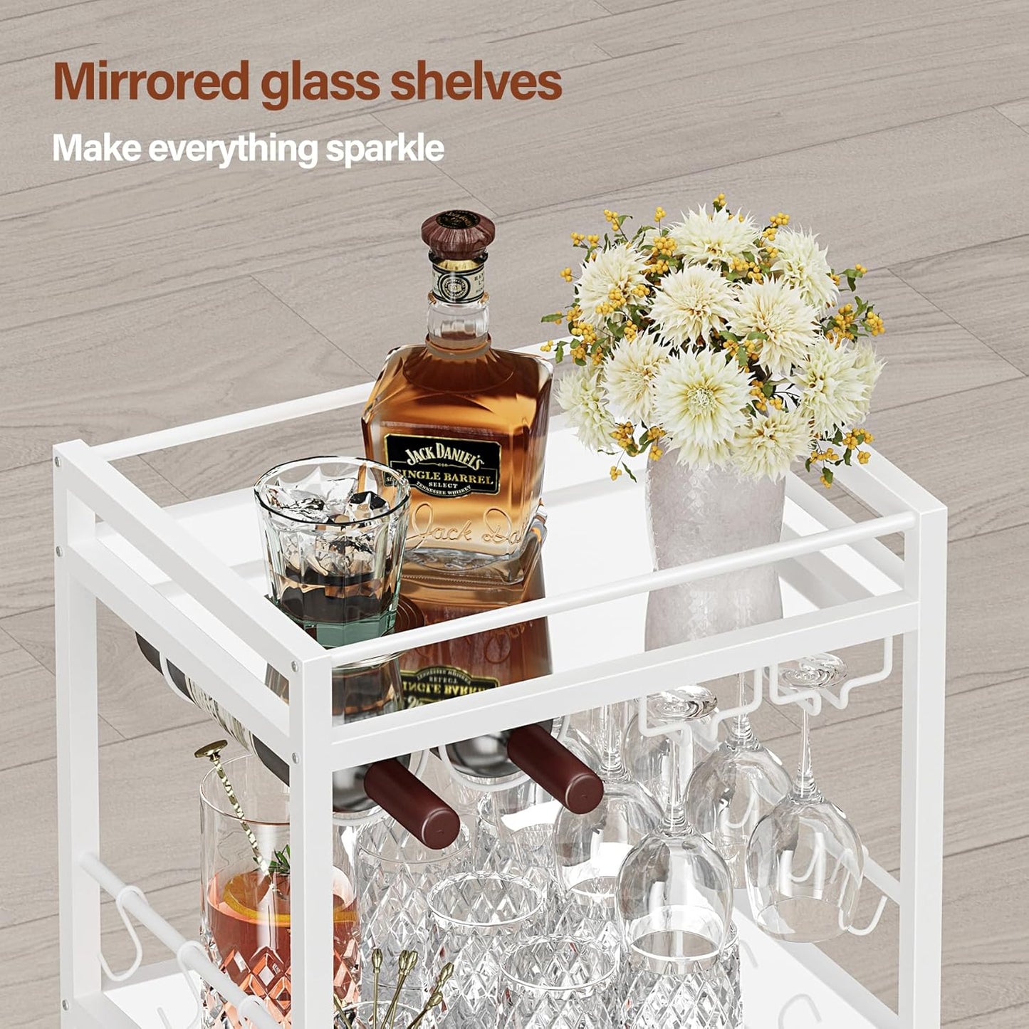 TUTOTAK Bar Cart, Home Bar Serving Cart, Drink Cart with 3-Tier Mirrored Shelf, Mobile Kitchen Shelf with Wine Rack, BC01BW033