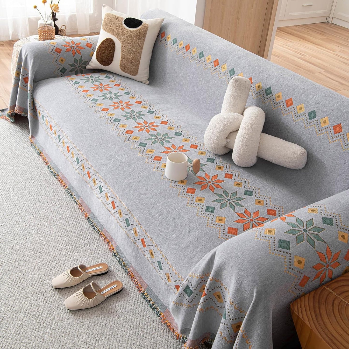 STACYPIK Boho Gray Jacquard Couch Cover, Sofa Cover for Dogs Washable, Non Slip Couch Cover for Sectional, Furniture Protector for 3 Cushion Couch, Multi-use Sofa Slipcover Pet-Friendly-71X150IN