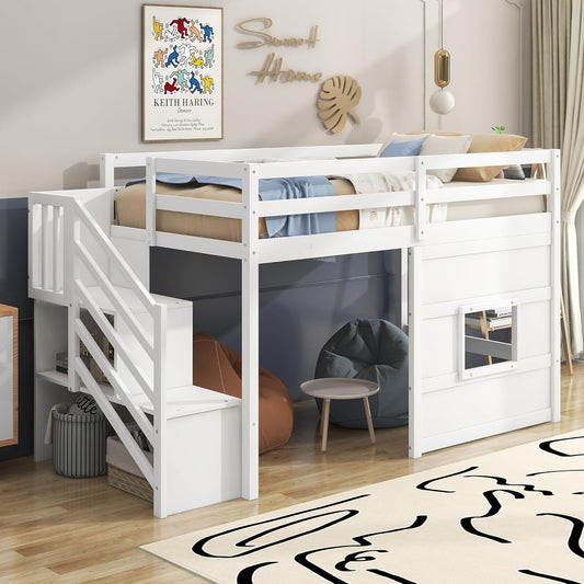 Twin Size Loft Bed with Storage Staircase and Window,Wood Twin Loft Bunk Bedframe with Full-Length Guardrail and Sturdy Slat Support, No Noise,No Box Spring Needed,for Kids,Boys,Girls,White