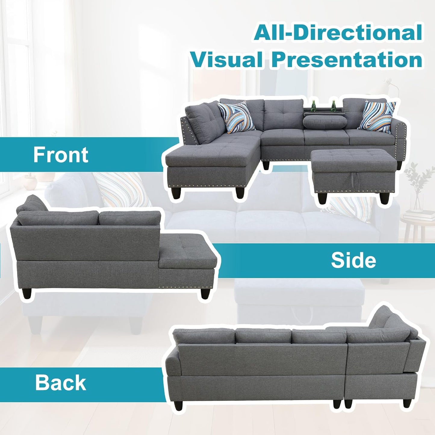 L Shaped Couch Modern Sectional Couch Upholstered Linen Fabric 3 Pieces Sofas for Living Room with Chaise, Storage Ottoman for Office and Small Apartment, Charcoal