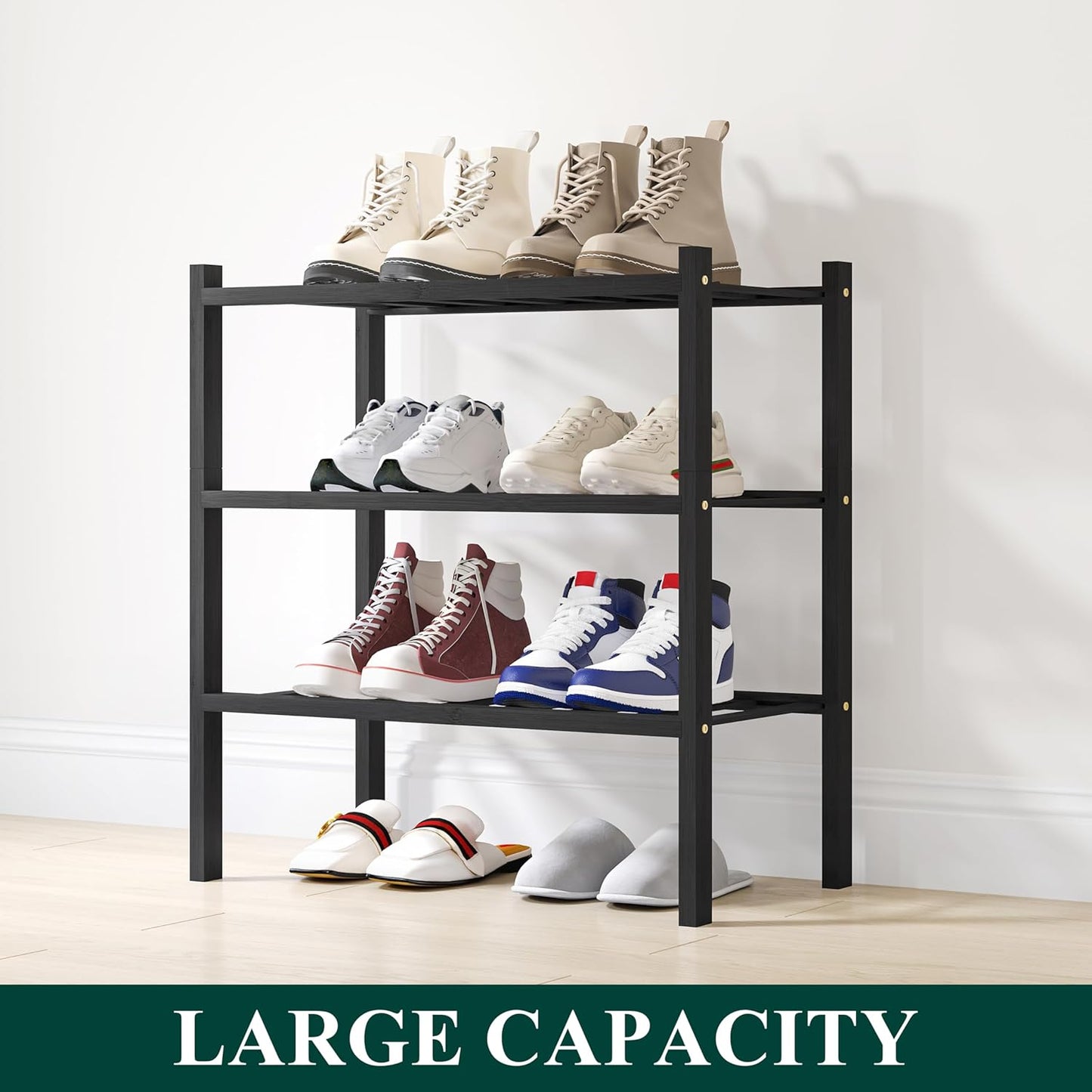 Smiry Shoe Rack, 3 Tier Small Bamboo Shoe Organizer, Stackable Free Standing Wooden Shoe Storage Shelf for Closet, Entryway, Front Door Entrance, Black