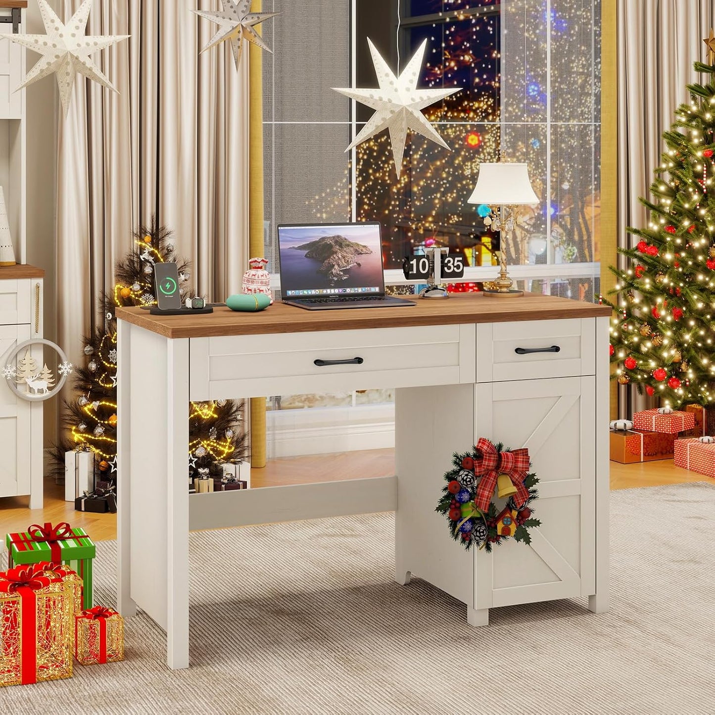 Farmhouse 47" Executive Desk, Computer Desk with Drawers and Storage Cabinet, Workstation Computer Desk for Home Office and Study.(Unique White)