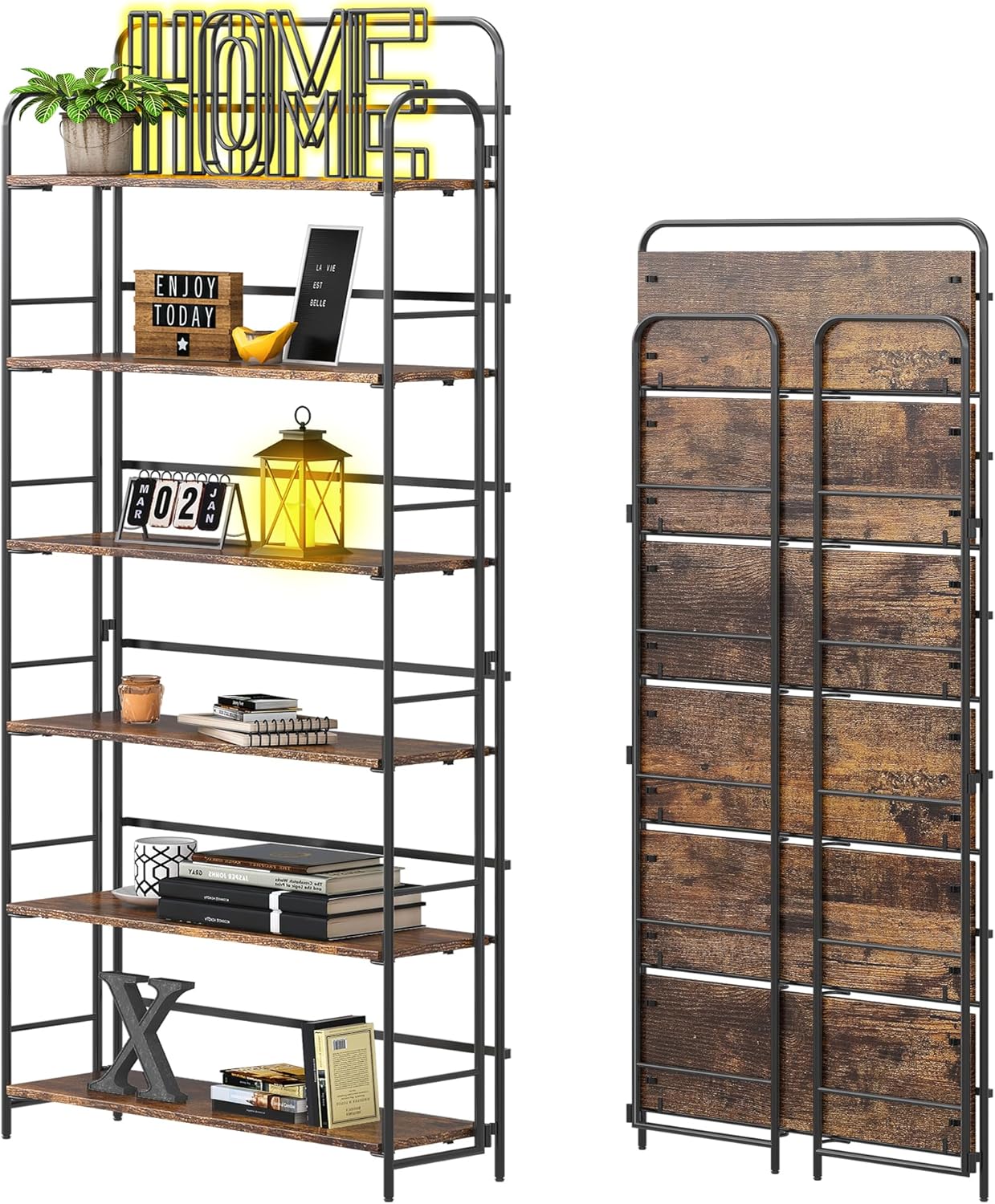 4NM No Assembly Folding Bookshelf 6 Tiers Vintage Industrial Black Book Shelf Metal Foldable Storage Bookcase and Bookshelves for Living Room,Bedroom and Kitchen - Rustic Brown