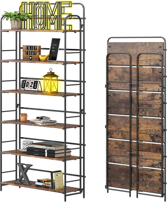 4NM No Assembly Folding Bookshelf 6 Tiers Vintage Industrial Black Book Shelf Metal Foldable Storage Bookcase and Bookshelves for Living Room,Bedroom and Kitchen - Rustic Brown