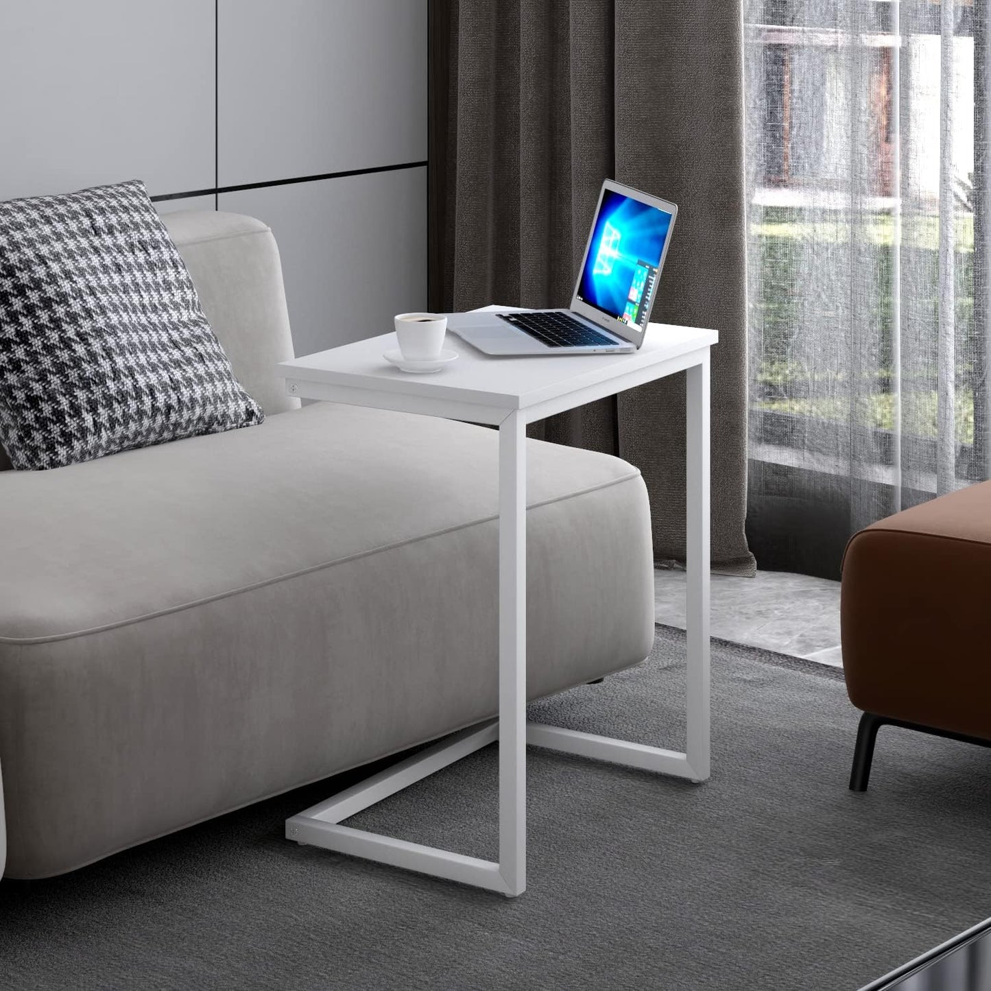 Sofa C Side End Table Wood Accent Couch Coffee Tray Snack Notebook Laptop Holder Over Bed Stand Reading Desk White Color 22x14x27 Inch Space Saving for Living Room Bedroom