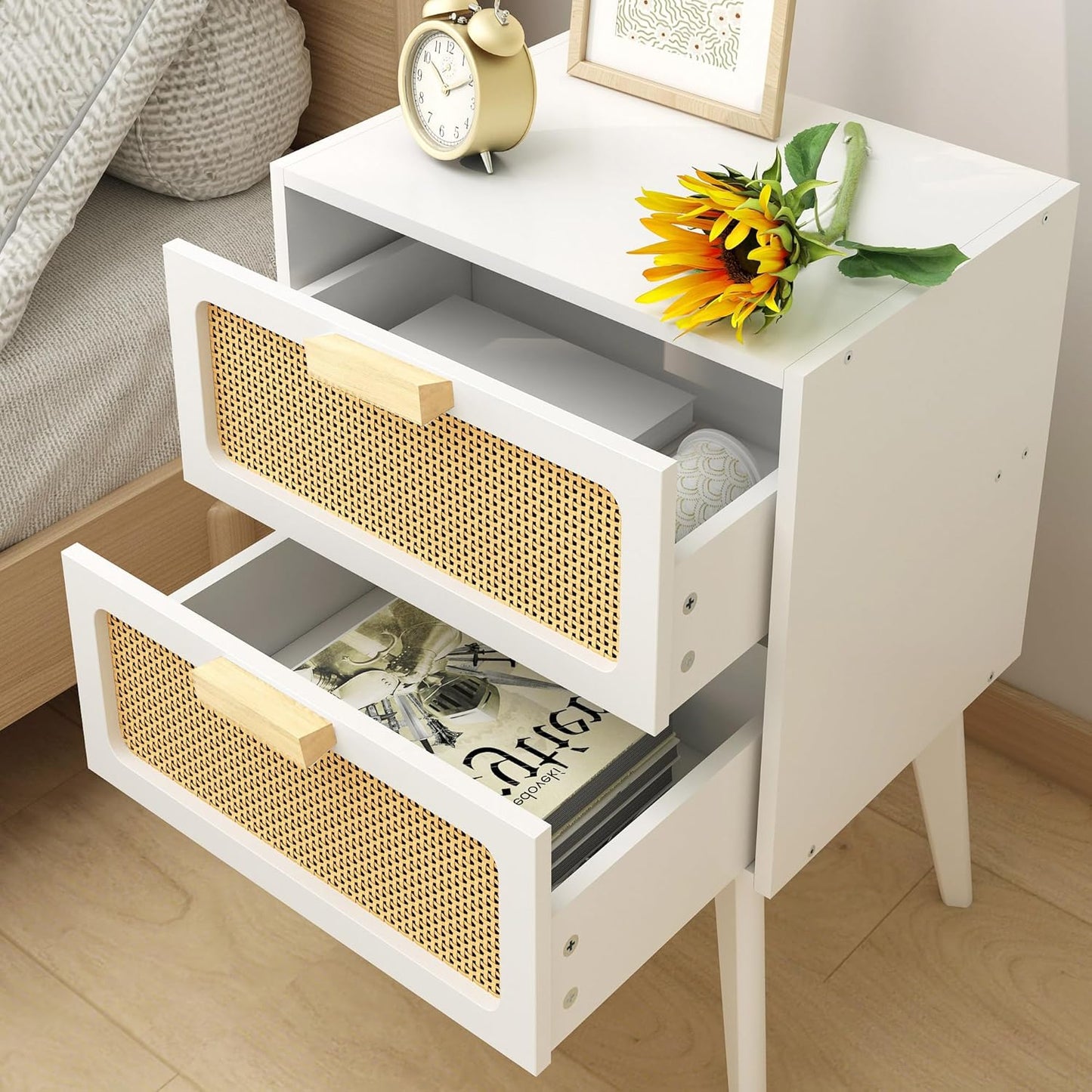 Rattan Nightstand, Wood End Table, Side Table with 2 Hand Made Rattan Decorated Drawers,Boho Bedside Table,Wood Accent Table with Storage for Livingroom, Bedroom, White CTG59W