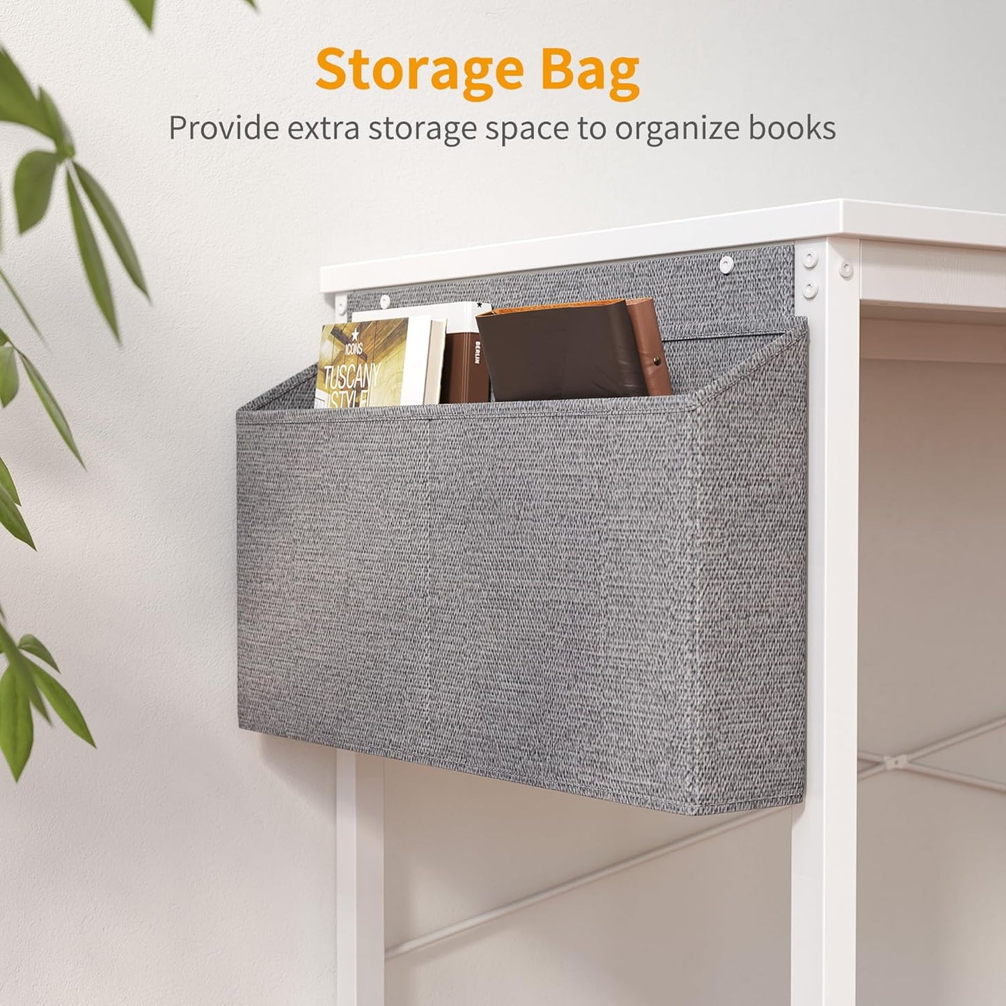 Cubiker Computer Desk 63 inch Home Office Writing Study Desk, Modern Simple Style Laptop Table with Storage Bag, White Metal Frame, White