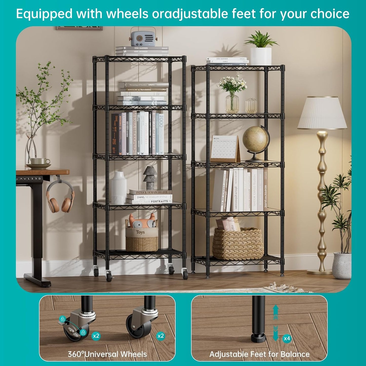 SINGAYE 5 Shelves Storage Shelf Wire Closet Bathroom Organizers Metal Pantry Kitchen Small Garage Shelving Unit Laundry Room Organization Home Narrow Rack Net Basket with Wheels Black