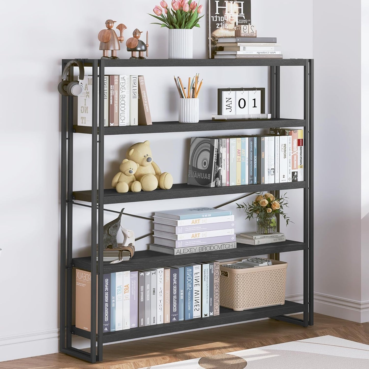 HCHQHS Bookshelf, 5-Tier Industrial Bookcase, Black Open Book Shelf, Freestanding Tall Bookshelves with Metal Frame