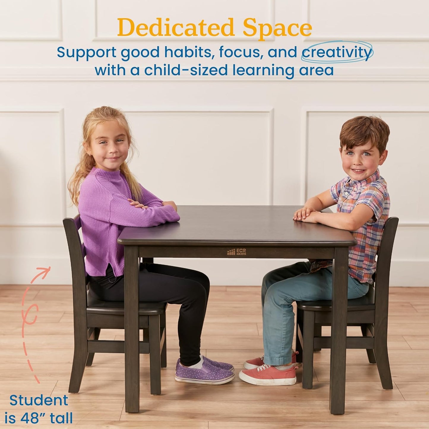 ECR4Kids 30in x 30in Square Hardwood Table and Chair Set, 12in Seat Height, Kids Furniture, Grey Wash