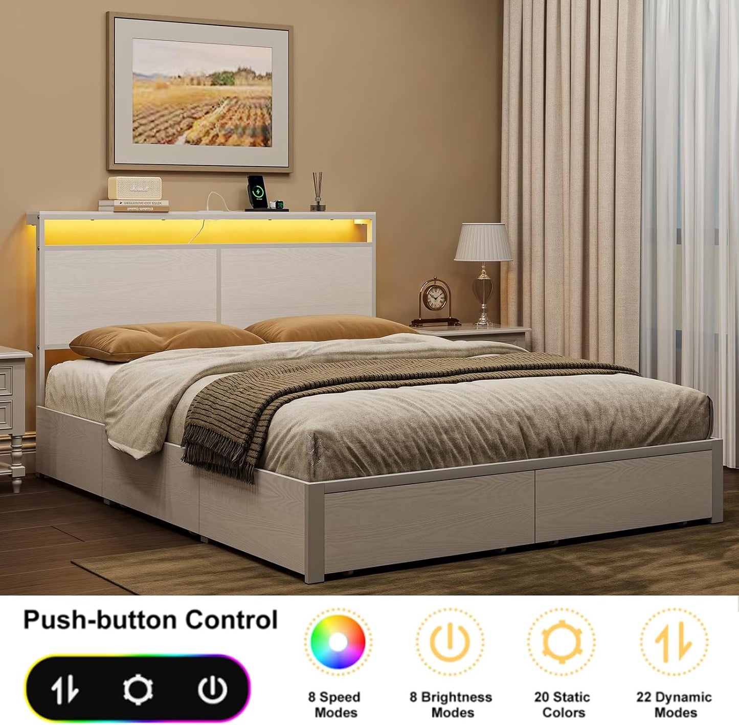 Queen Bed Frame with 4 Storage Drawers Bed Frame Queen Size with Headboard LED Lights Charging Station Metal Slats Platform Heavy-Duty Support No Box Spring Needed White
