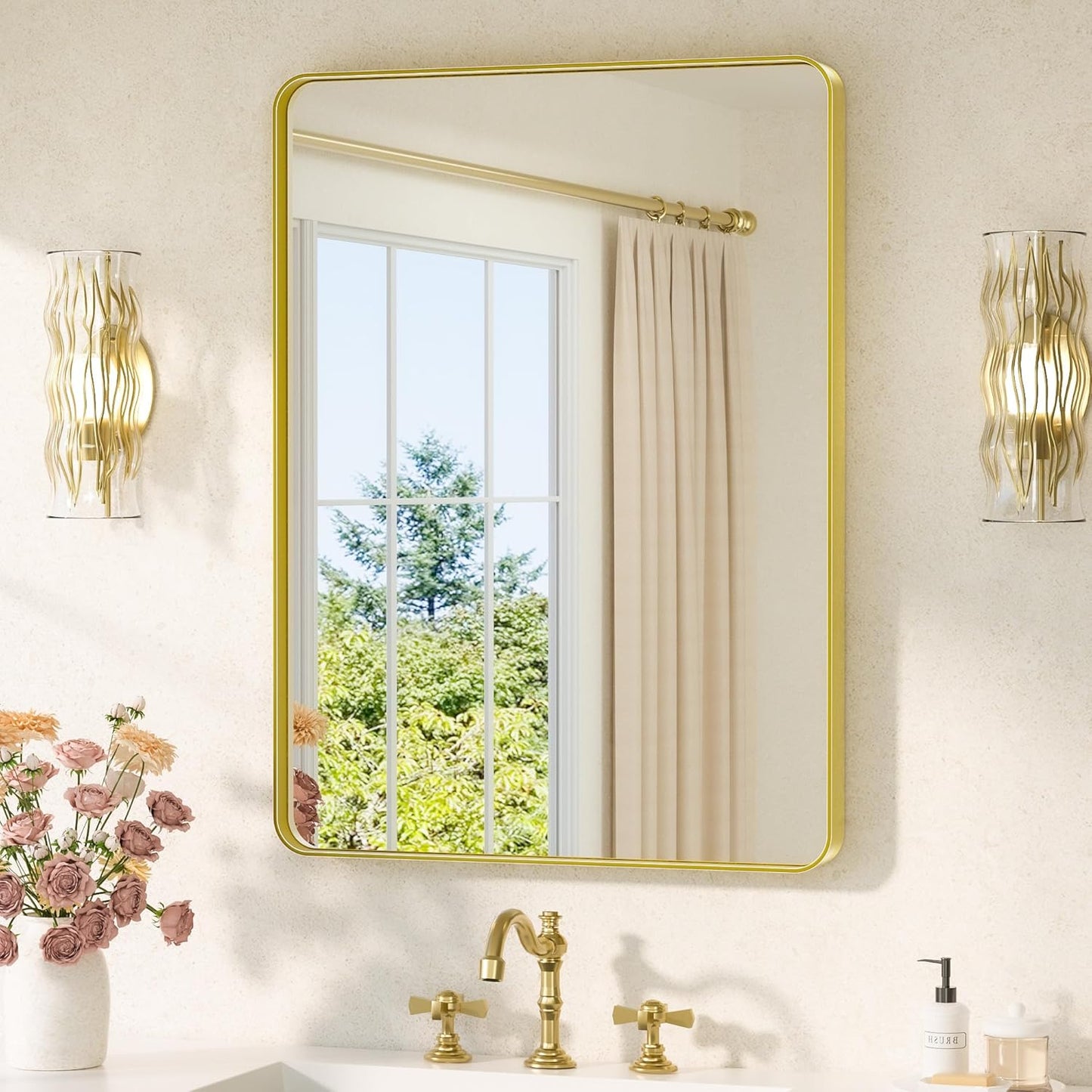 TETOTE Brushed Gold Bathroom Mirror 24 x 32 Gold Metal Framed Bathroom Mirror, Tempered Glass, Modern Farmhouse Wall Mounted Mirror for Decorative(Horizontal/Vertical)