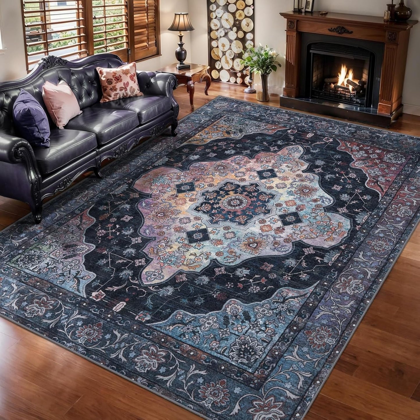 6x9 Area Rug Washable Rug for Living Room, Vintage Rug Indoor Non Slip Large Area Rugs, Print Distressed Brown Carpet, Soft Low Pile Foldable for Dining Room Bedroom Office Navy/Multi