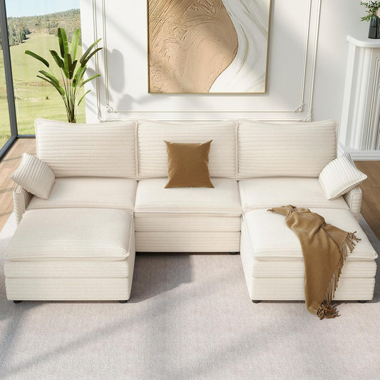 Vesgantti 108" U Shaped Sectional Couch, Comfy Cloud Modular Sectional Sofa with 2 Ottoman Deep Seat Corduroy Modern Cloud Sofa, Modular Sofas for Living Room, Bedroom and Apartment, Beige