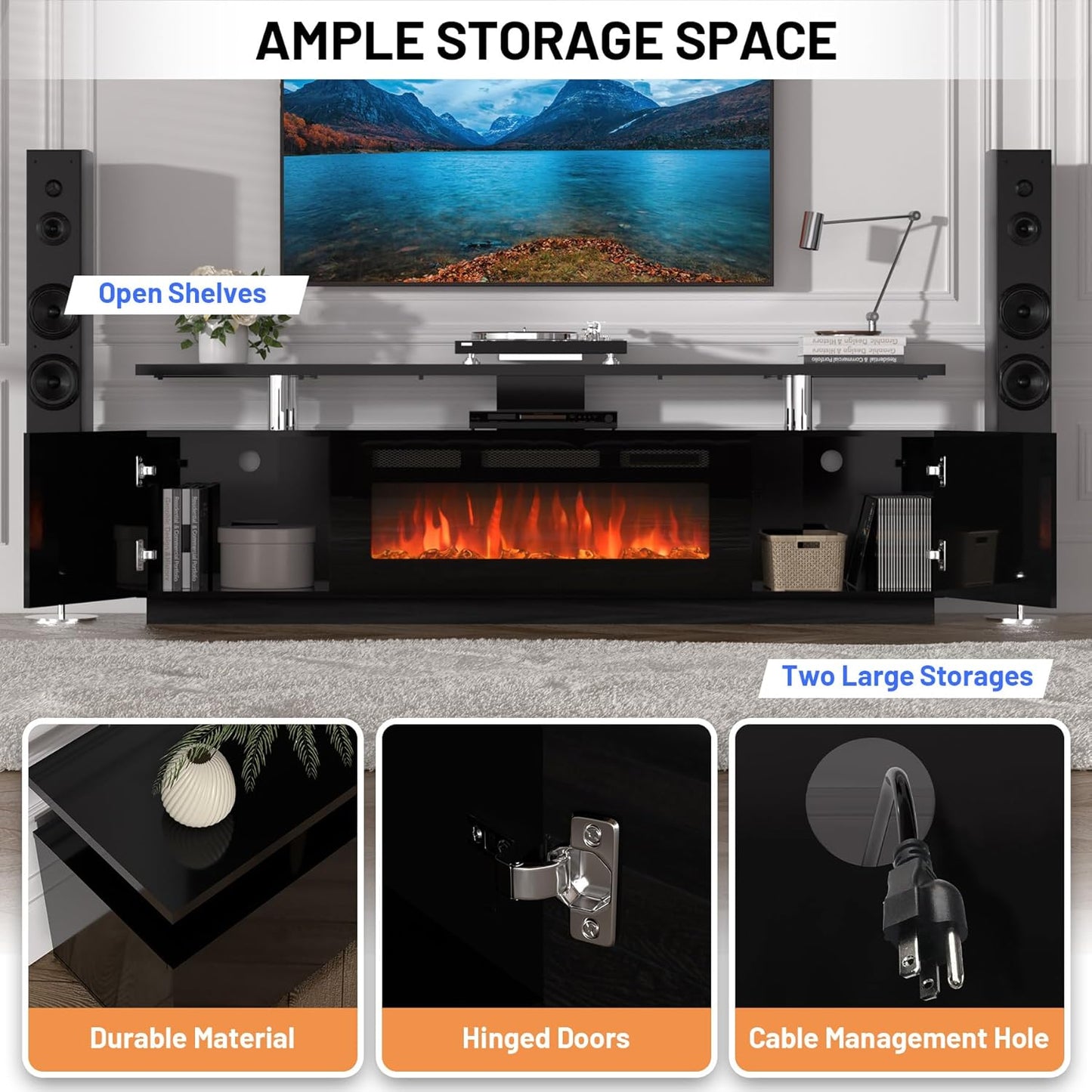 70'' Fireplace TV Stand, Entertainment Center with 36'' Firplace, 2 Tier TV Console Cabinet with Storage Cabinet, Electric Fireplace Heater with LED Light and 12 Flame Colors, Black