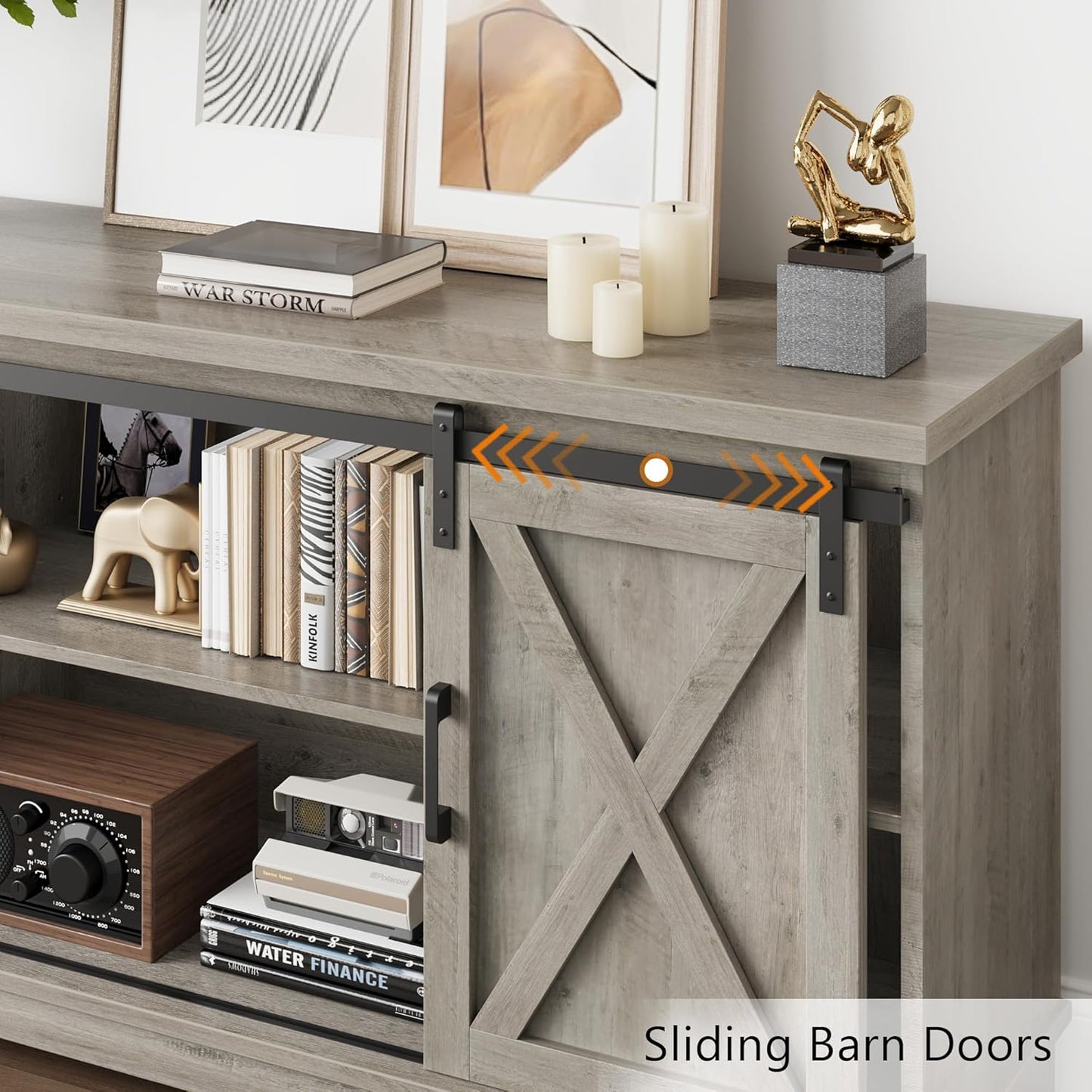 CABIHOME Farmhouse Tv Stand for 65 Inches TVs, Entertainment Center with Storage and Sliding Barn Doors, Adjustable Shelf Modern Media TV Console TV Stand Table for Living Room, Bedroom, Grey