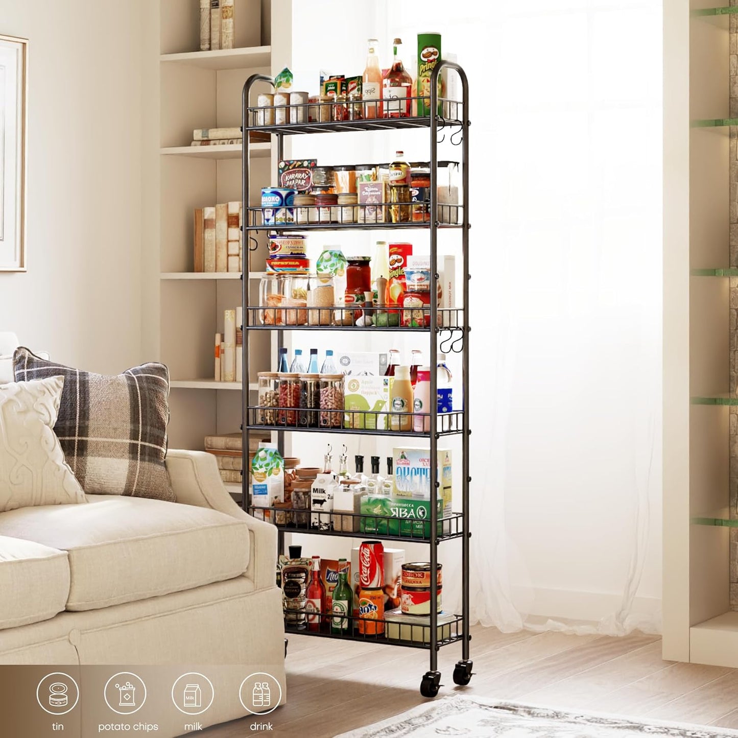 6-Tier Slim Storage Cart, Rolling Kitchen Cart with Wheels, Narrow Metal Shelf Organizer with Hooks for Kitchen, Bathroom, Living Room, Laundry, Small Spaces (Black, 6 in)