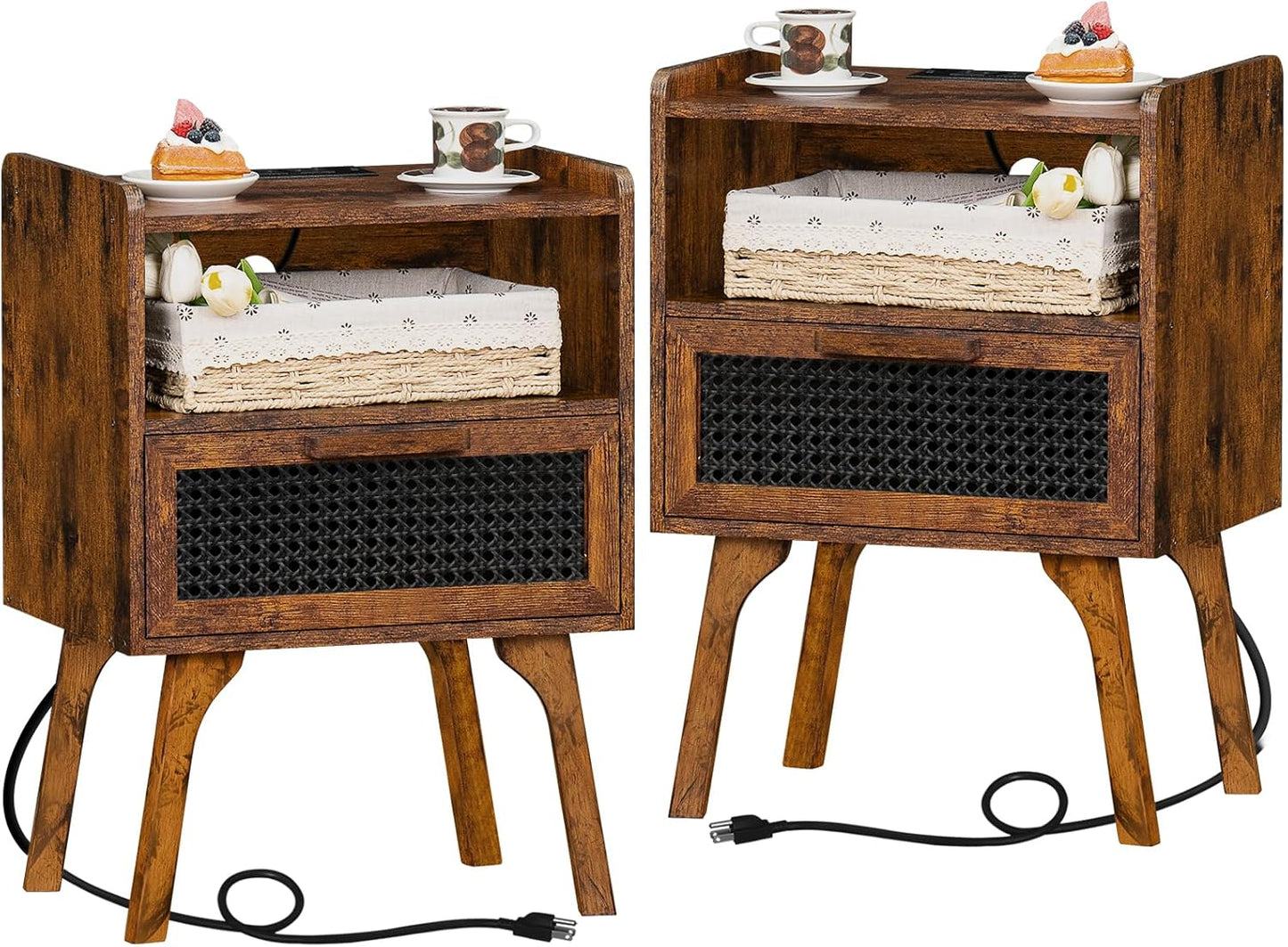 Lerliuo Rattan Nightstands Set of 2 with Charging Station, Boho Side Table with Drawer Open Shelf, Cane Accent Bedside End Table with Solid Wood Legs for Bedroom, Dorm and Small Spaces (Brown)