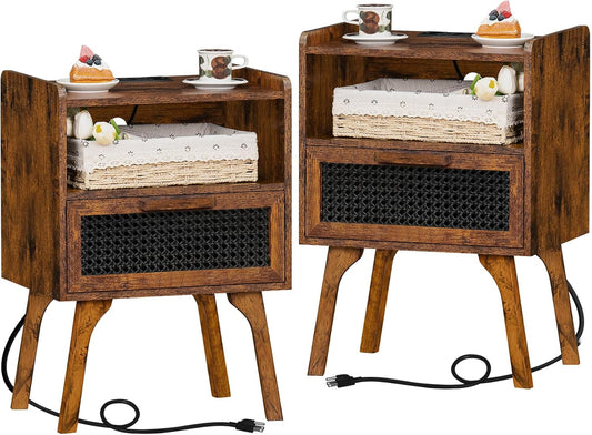 Lerliuo Rattan Nightstands Set of 2 with Charging Station, Boho Side Table with Drawer Open Shelf, Cane Accent Bedside End Table with Solid Wood Legs for Bedroom, Dorm and Small Spaces (Brown)