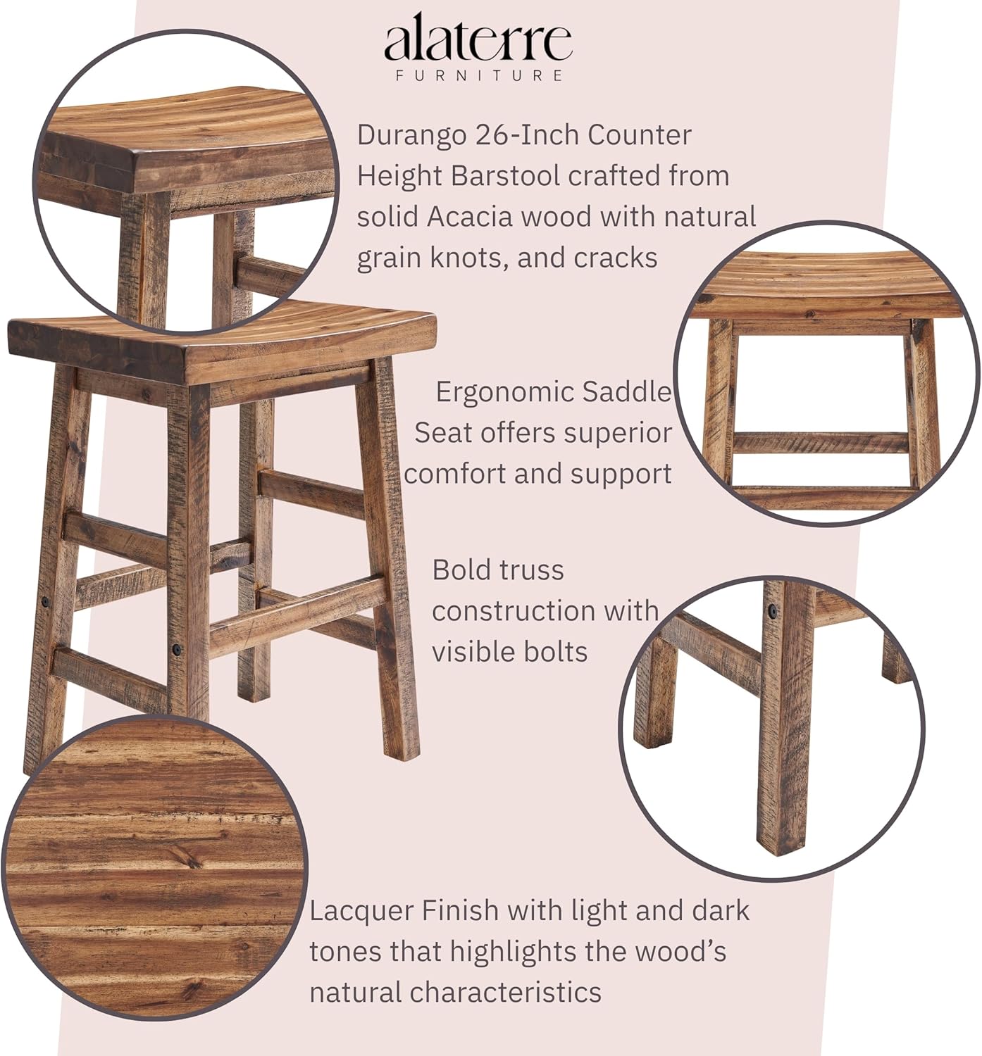 Alaterre Furniture Durango 26-Inch Tall Industrial Wood Counter-Height Stool Bar Stool, Kitchen, Seating, Vintage-Style Saddle Seat, Comfort, Rustic Industrial, Light or Dark Tone Lacquer Finish