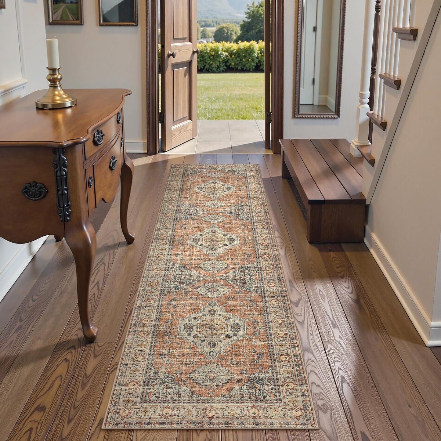 Lahome Oriental Washable Runner Rug Non Slip, 2x7 Rug Runners for Hallways Non Slip Vintage Ultra-Thin Soft Long Carpet for Kitchen Laundry Room Bedroom, Peach/Orange