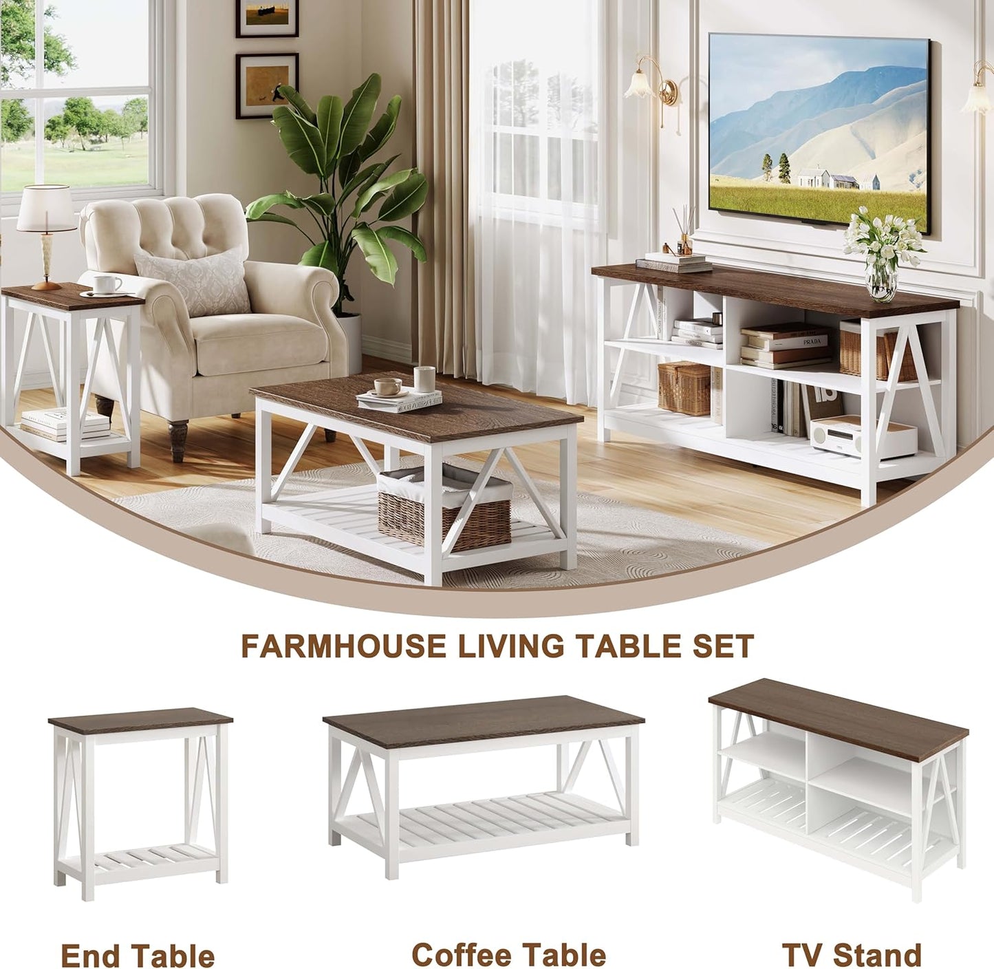 ChooChoo Farmhouse TV Stand for TVs up to 55 Inch, Modern Entertainment Center with 4 Open Shelves & Built-in Cable Holes, Media TV Console for Living Room, Bedroom, White