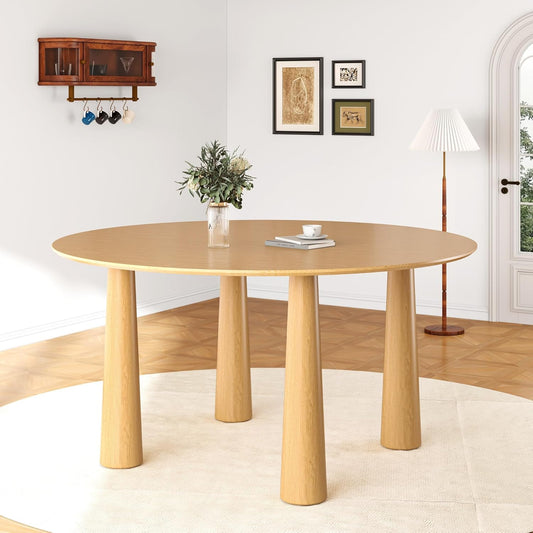 Casaphoria 59" Round Dining Table, Kitchen Table for 6 with Arc-Shaped Edge Top and Cylindrical Legs, Easy Assembly for Living Room, Dining Room, Oak
